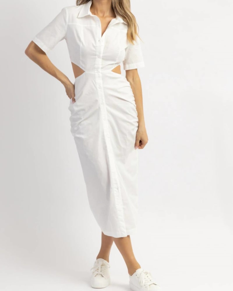 Front of a model wearing a size L Cutout Shirt Dress In Ivory in Ivory by Azura. | dia_product_style_image_id:346493